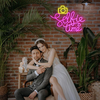 Selfie Time Neon Sign LED Yellow Camera Pink Neon Light For Wall Decor Dimmable USB Powered Light Up Sign for Photographic Studio Bedroom Photography Lover Room Party Gifts (16.7 * 12.8In)
