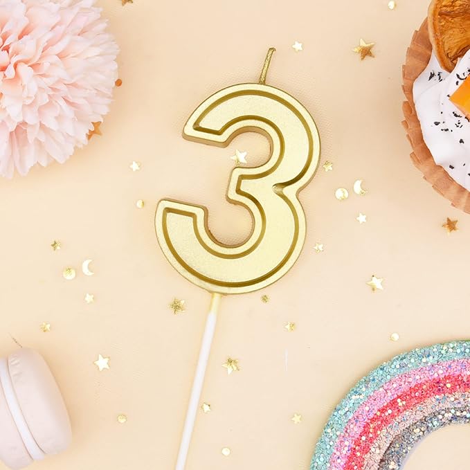 PHD CAKE 2.76 Inch Luxe Gold 3 Number Birthday Candles, Gold Number Candle, Cake Number Candles, Party Celebration