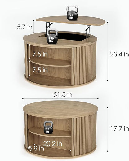31.5" Round Lift Top Coffee Table,Natural Oak Modern Fluted Drum Center Table with Hidden Storage, Japandi Scandi Wood Circle Desk for Boho Living Room & Apartment