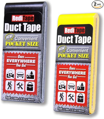 Travel Size Duct Tape Colors 2-Pack (Black & Yellow) - Pocket Size Flat Mini Roll - for Repairs Outdoors Emergency Crafts - 1.88 inch x 5 Yards per Pack