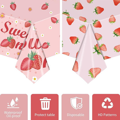 2 Pack Strawberry Tablecloths Plastic 54 X 108Inch, Strawberry Birthday Decorations Table Cloth Disposable Sweet One Table Covers for Baby Shower Birthday Party Supplies