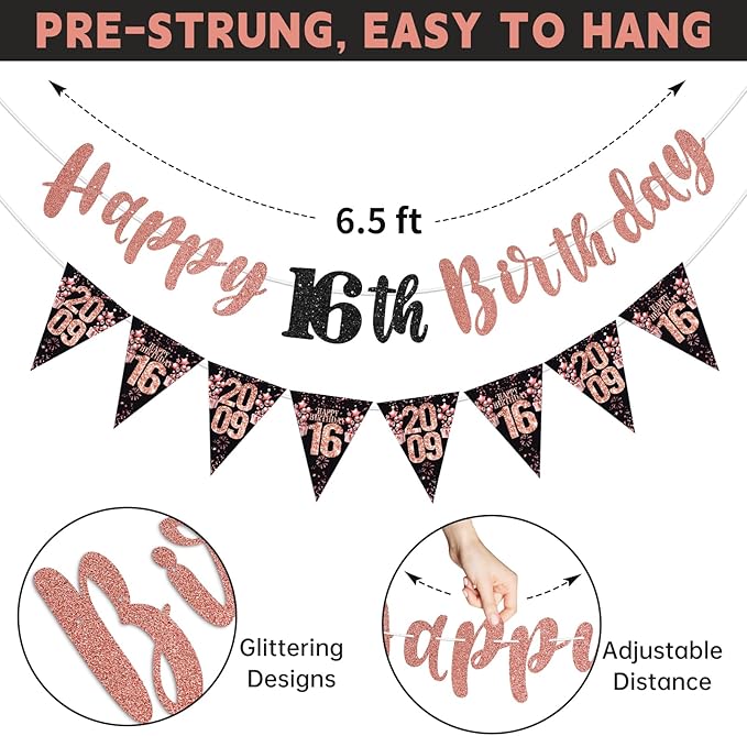 16th Birthday Decorations for Girls, Black Rose Gold Happy 16th Birthday Banner Vintage 2009 Hello 16 Decorations Kit Hanging Swirls Sixteen Year old Bday Party Supplies