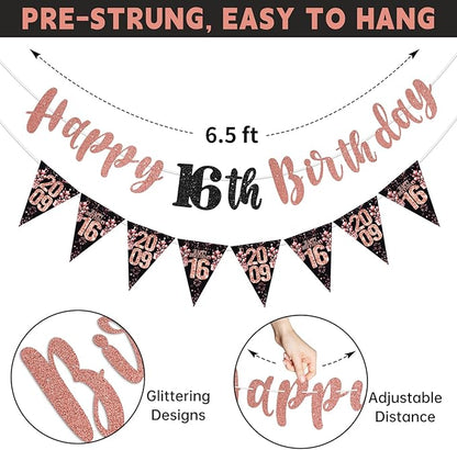 16th Birthday Decorations for Girls, Black Rose Gold Happy 16th Birthday Banner Vintage 2009 Hello 16 Decorations Kit Hanging Swirls Sixteen Year old Bday Party Supplies