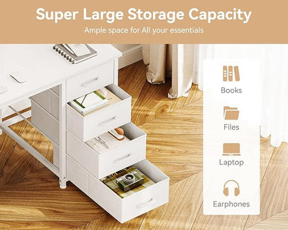Casaottima 48 Inches Computer Desk with 8 Fabric Drawers, Modern Office Desk with Large Storage for Home Office, Study, White