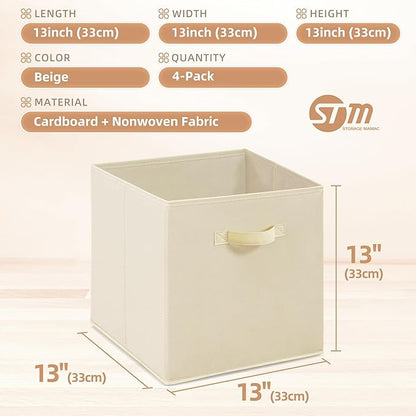 STORAGE MANIAC Storage Cubes, 13 Inch Collapsible Storage Bins with Handles, 4 Pack Fabric Foldable Bins for Organization, Durable Storage Bins for Closet, Shelves, Offices, Toys, 4-Pack Beige