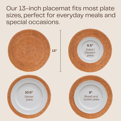 6-Pack Rattan Placemats - 13-inch Round Placemats (Honey Brown) - Woven Place Mats, Round Table Mats - Wicker Chargers for Dinner Plates, Plate Chargers Boho - Rattan Decor, Kitchen Table Decor
