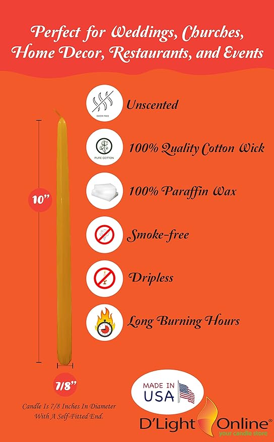 D'light Online 10" Autumn Yellow Elegant Taper Candles Premium Quality Candles, Unscented, Hand-Dipped Tapered Candles, Dripless and Smokeless - Set of 12 Individually Wrapped (10 Inch, Autumn Yellow)