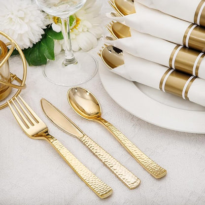 Nervure 400PCS Pre Rolled Gold Plastic Silverware Sets - Heavy Duty Hammered Gold Cutlery Include 100 Pack Wrapped Disposable Utensils with Napkins for Parties, Dinners & Weddings