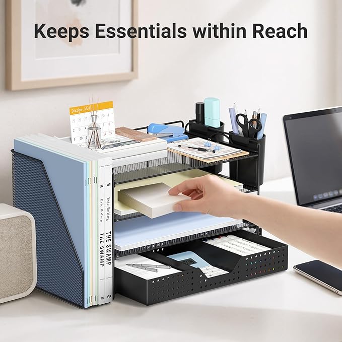 Desk Organizer, 4-Tier Paper Organizer Letter Tray with File Holder, Drawer and 2 Pen Holders, Desktop File Organizer for Office Supplies, Workspace Storage, Black