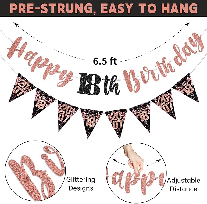18th Birthday Decorations for Girls, Black Rose Gold Happy 18th Birthday Banner Hanging Swirls Vintage 2007 Birthday Decorations Kit Hello 18 Party Supplies