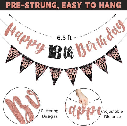 18th Birthday Decorations for Girls, Black Rose Gold Happy 18th Birthday Banner Hanging Swirls Vintage 2007 Birthday Decorations Kit Hello 18 Party Supplies