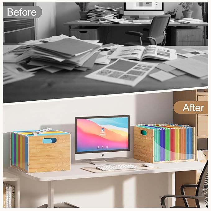 3 Pack Hanging File Organizer, Clear Acrylic File Box Organizer, Bamboo Filing Box File Crate Organizer Storage Boxes, Portable Filing Organizer with Handle for Letter Size