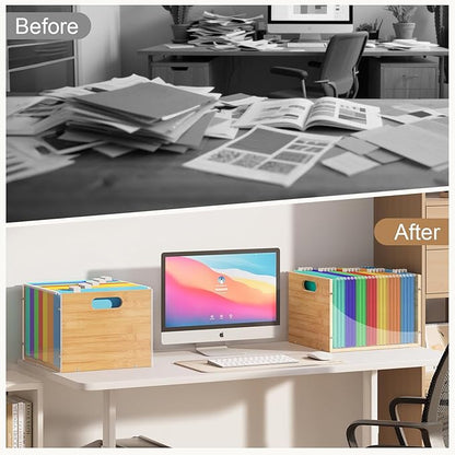 3 Pack Hanging File Organizer, Clear Acrylic File Box Organizer, Bamboo Filing Box File Crate Organizer Storage Boxes, Portable Filing Organizer with Handle for Letter Size