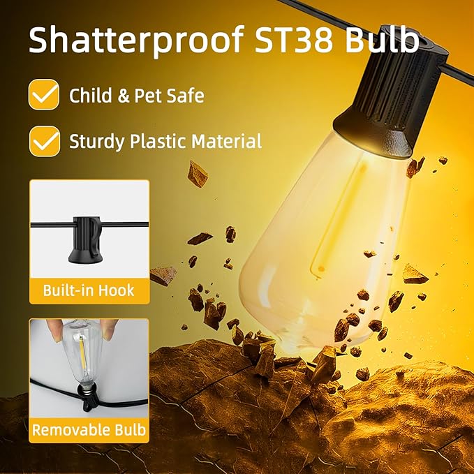 50FT Outdoor String Led Patio Lights 15M Outside Waterproof Light with ST38 Shatterproof Bulb Connectable Hanging Outdoor Electric Lighting for Garden Backyard Gazebo Porch Party Yard
