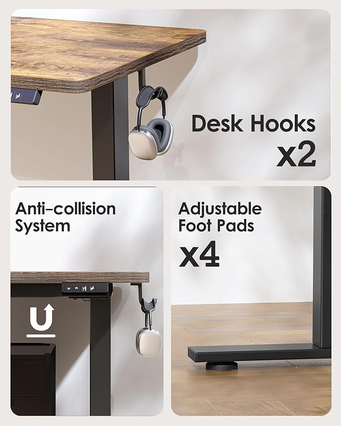 TIQLAB Standing Desk 47 x 24 inch, Electric Height Adjustable with Splice Board, Stand Up Desk, for Home Office, Black Frame/Rustic Brown Top