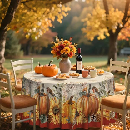 Eikione Sunflower Round Tablecloth 60In, Fall Tablecloth Waterproof and Reusable, Yellow Flower Rustic Floral Table Covers for Holiday Outdoor Decor