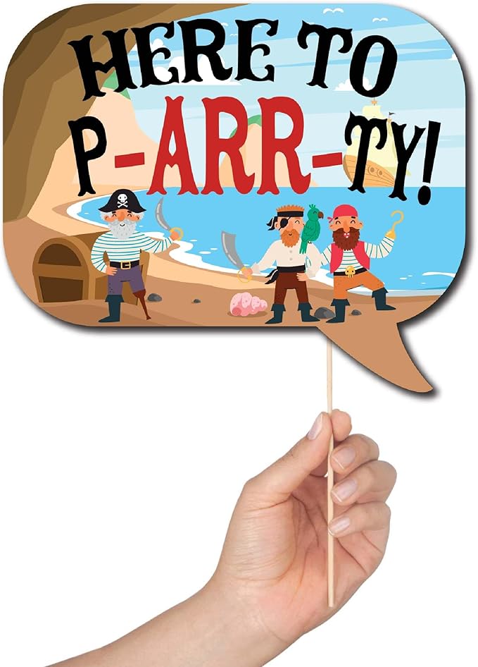 Pirate Photo Booth Props - 41-pc Photobooth Kit with 8 x 10-Inch Sign, 60 Adhesive Pads, 45 Sticks - Pirate Props - Nautical Photo Booth Props - Pirate Ship Props
