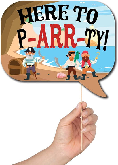 Pirate Photo Booth Props - 41-pc Photobooth Kit with 8 x 10-Inch Sign, 60 Adhesive Pads, 45 Sticks - Pirate Props - Nautical Photo Booth Props - Pirate Ship Props