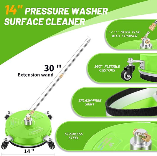 14" Pressure Washer Surface Cleaner with 4 Wheels - Coated Green Stainless Steel Surface Cleaner for Pressure Washer Attachment for Concrete, Patio, Sidewalk, Deck and Driveways - PWS14G