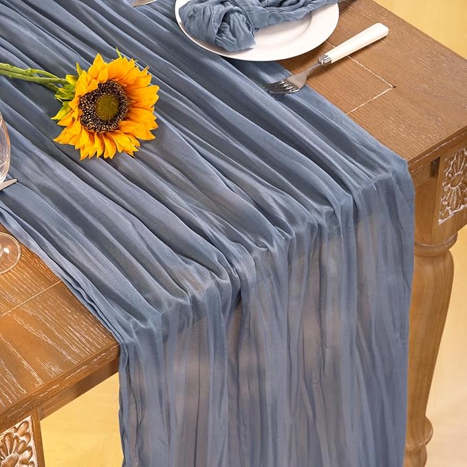 Dusty Blue Cheesecloth Table Runner Christmas Table Runner Boho Gauze 120 Inches Blue Table Decor for Xmas Holiday Season Parties Marine Weddings Bridal Baby Shower Birthday Party