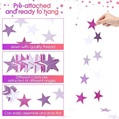Patelai Glitter Star Garland Banner Christmas Decor 130 Feet Star Hanging Banner Twinkle Backdrop for Homecoming Classroom Wedding Birthday Halloween Party Supplies(Purple,White)