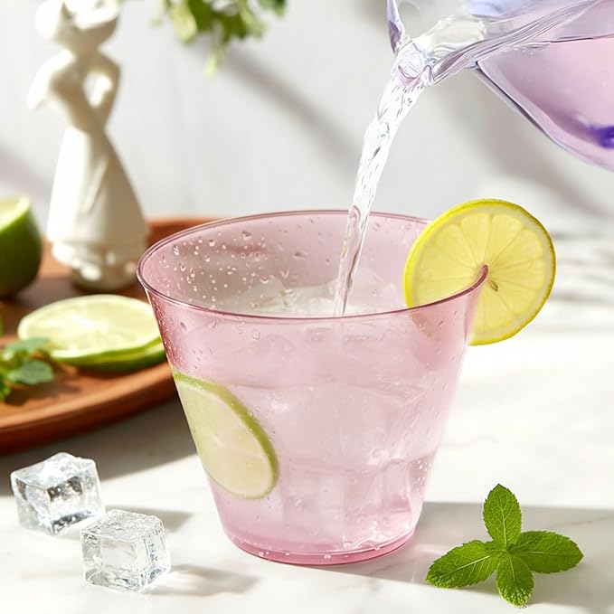 150 Pack Plastic Cups 9 oz Pink Clear Plastic Cups for Cocktail Fancy Disposable Cup for Party Stemless Wine Glasses for Wedding Thanksgiving Christmas Party Graduation