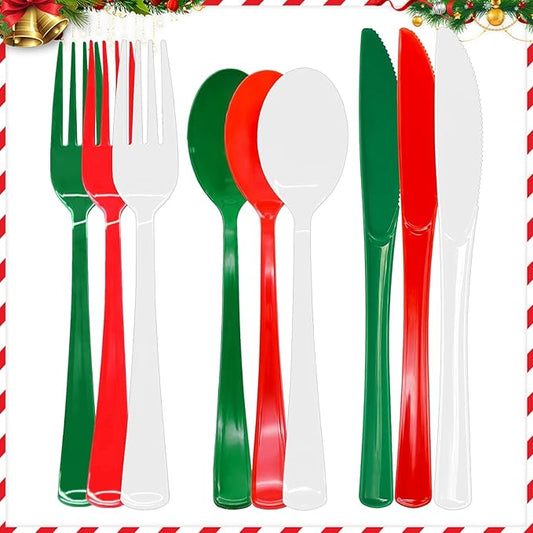 153 Pcs Christmas Plastic Silverware Heavy Duty Disposable Tableware Sets Includes Spoons Forks Knives for Christmas Party Decorations (Red Green White)
