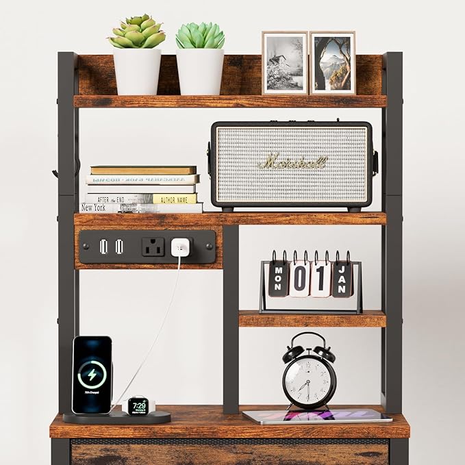 Furnulem Tall Night Stand with LED & USB Ports, 45.3inch Nightstand with Open Bookshelf, Bedside Table with 3 Fabric Drawers for Bedroom/Dorm/Office, Rustic Brown Wood-Metal Frame