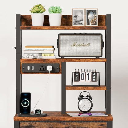 Furnulem Tall Night Stand with LED & USB Ports, 45.3inch Nightstand with Open Bookshelf, Bedside Table with 3 Fabric Drawers for Bedroom/Dorm/Office, Rustic Brown Wood-Metal Frame