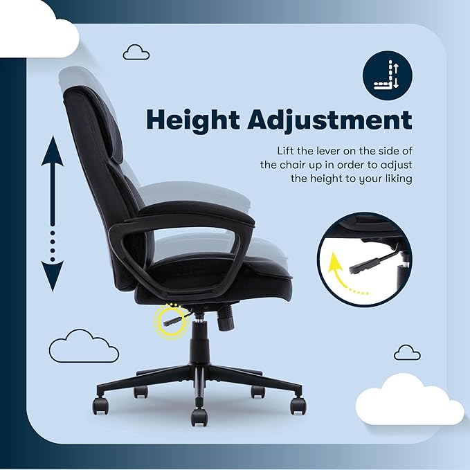 Serta Comfort Classic Executive Office Chair, Ergonomic Mid-Back Computer DeskChair with Lumbar Support, Semi-Plush Cushion and Body Pillows, Padded Armrests, Swivel Base, Black Velvet Fabric
