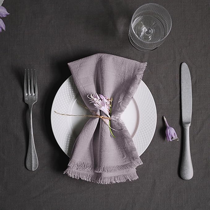 Handmade Cloth Napkins 100% Cotton Napkins with Fringe，Delicate Handmade Cloth Napkins for Dinners, Parties, Weddings and More，18 x 18 Inch Set of 12 - Lavender