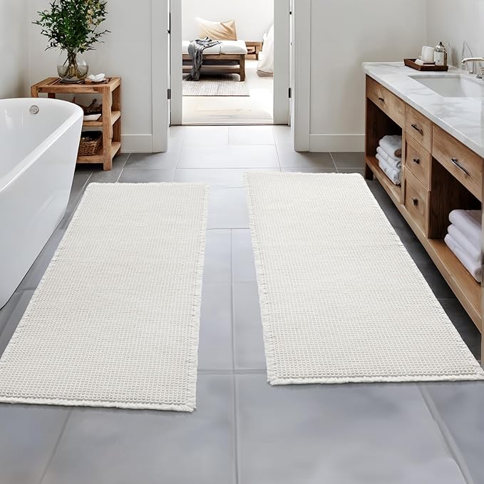 MIULEE Set of 2 Waffle Bathroom Runner Rugs, Boho Bath Rugs Non Slip Washable, Super Absorbent Runner Bath Mats, Rubber Backed Shower Mats for Hallway Bedroom Laundry Room, White, 2'x5'(24x60 Inch)