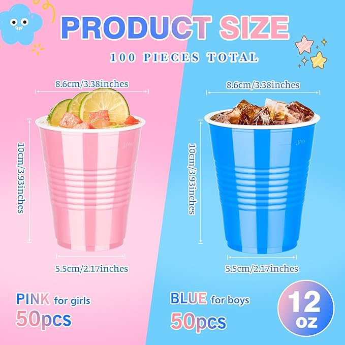 KesaPlan 100 PCS 12 OZ Gender Reveal Plastic Cups, Pink and Blue Cups for Party, Disposable Drinking Cup Bulk for Baby Shower Party Team Birthday Wedding Bachelorette Easter Holiday Supplies