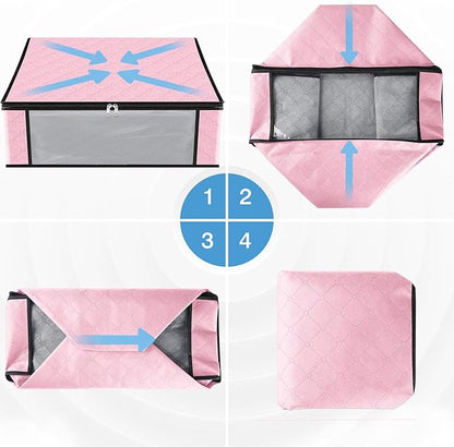 HomeHacks Storage 4-Pack Clothes Organizer Storage Bags Foldable Storage Box with Large Clear Window Sturdy Handles for Closet, Dorm, Pillows, Bedding, Clothes, Blankets, 35L, Pink