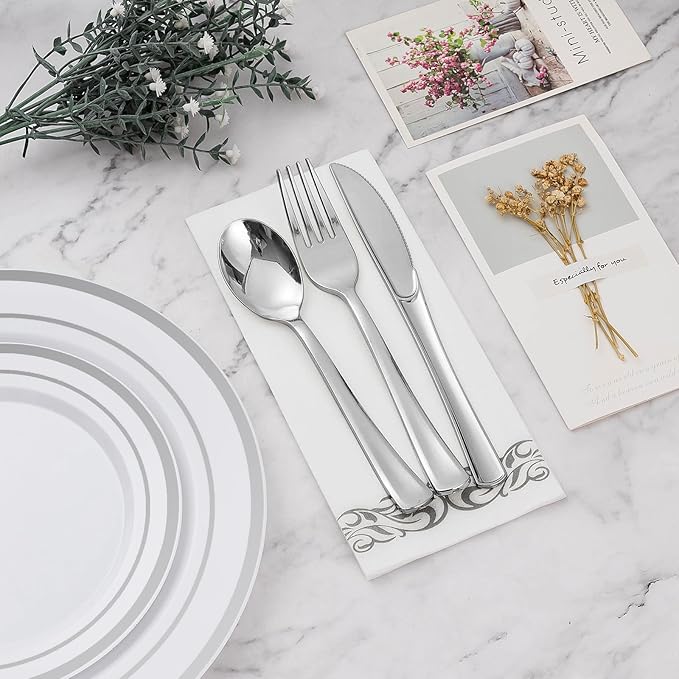 BESTVIP 700 PCS Silver Dinnerware Set for 100 Guests, Plastic Dinnerware Set for Party, Wedding, Christmas, Halloween, Include: 200 Plastic Plates, 100 Silver Silverware, 100 Cups, 100 Paper Napkins
