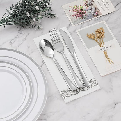 BESTVIP 700 PCS Silver Dinnerware Set for 100 Guests, Plastic Dinnerware Set for Party, Wedding, Christmas, Halloween, Include: 200 Plastic Plates, 100 Silver Silverware, 100 Cups, 100 Paper Napkins