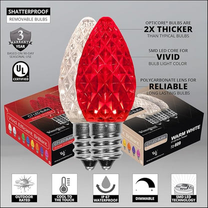 Wintergreen Lighting C7 OptiCore Red and Warm White Outdoor Christmas Lights - LED Christmas String Lights, Commercial Grade String Lights; Green Wire (50 Lights, 50 ft)