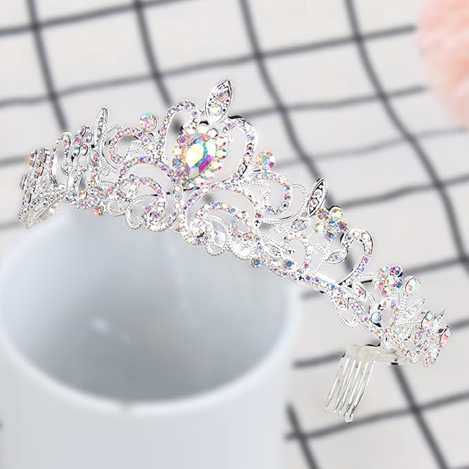COCIDE Silver Tiara Crowns Aurora Borealis Crystal Headband Princess Colorful Rhinestone Crown with Combs Bride Headbands Bridal Wedding Prom Birthday Party Hair Accessories Jewelry for Women Girls