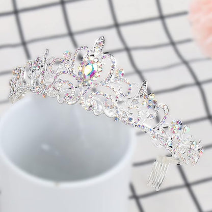 COCIDE Silver Tiara Crowns Aurora Borealis Crystal Headband Princess Colorful Rhinestone Crown with Combs Bride Headbands Bridal Wedding Prom Birthday Party Hair Accessories Jewelry for Women Girls