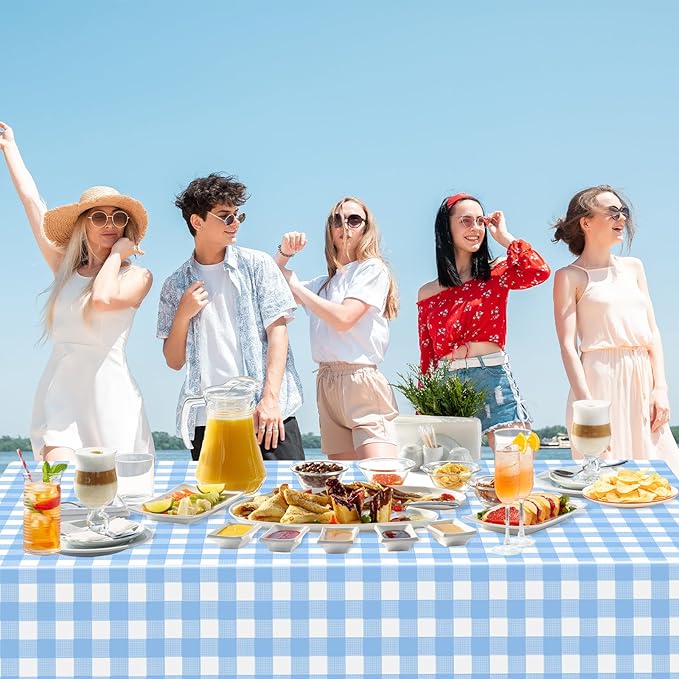 3 Pack Light Blue Gingham Tablecloth Rectangular Pale Blue and White Checkered Tablecloths Disposable Plastic Plaid Table Cover for Parties, Outdoor Picnic, Birthday, Wedding, Camping 54 × 108 Inch