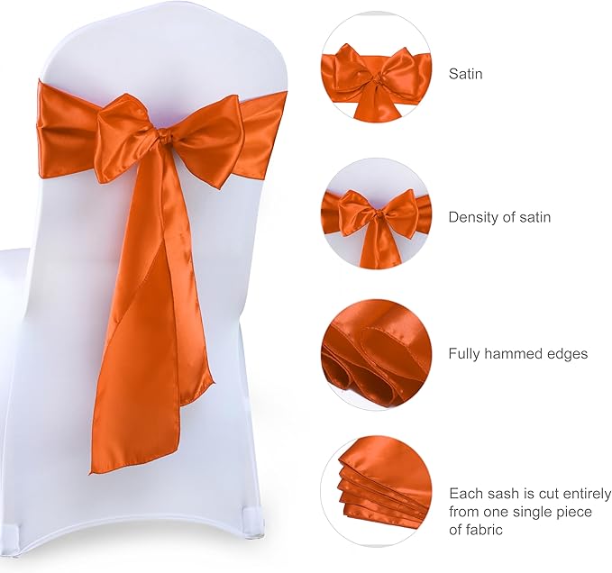 VDS Satin Chair Sashes Chair Cover Back Tie Sateen Bows Ribbon for Wedding Birthday Graduation Engagement Ceremony Event Party Banquet Venue Hotel All Dining Chair Decoration (25PC) (Brunt Orange)