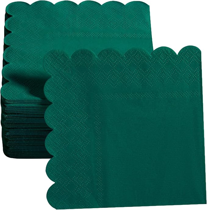200 Pack Cocktail Napkin 2-Ply Scalloped Edged Dessert Napkins Folded 5 x 5 Inches Disposable Napkins for Dinner Wedding Birthday Party Bridal Anniversary Reception Event (Dark Green)