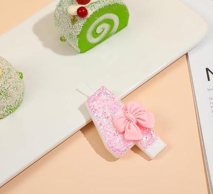 4 Birthday Candle with Pink Sequins and Bowtie, Number 4 Candle Birthday Girl Pastel Sweet Theme 4th Birthday Party or Adults Milestone Age Decoration