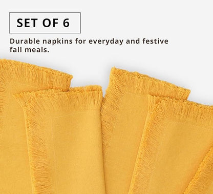 PurpleEssences Cloth Napkins with Fringes, 100% Cotton Christmas Holiday Winter Table Decor, Set of 6 18x18 Inch Reusable Dinner Napkins for Parties and Weddings - Golden Yellow