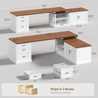 SEDETA Farmhouse L Shaped Desk with Drawers, 70.9" Home Office Desk with Storage Cabinet and Storage Shelves, L Shaped Computer Desk with Power Outlet，White