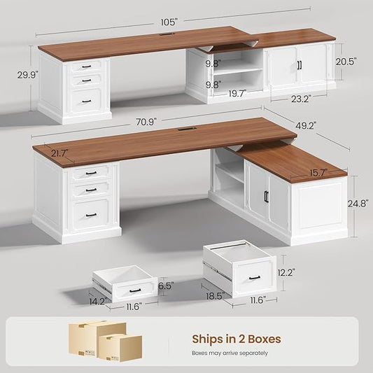 SEDETA Farmhouse L Shaped Desk with Drawers, 70.9" Home Office Desk with Storage Cabinet and Storage Shelves, L Shaped Computer Desk with Power Outlet，White