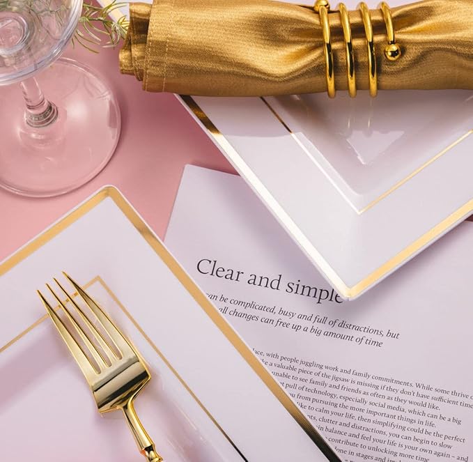 BloominGoods Plastic Disposable Square Dessert Plates | 50-Pack 6.5 inches White with Gold Rim Square Plates | Ideal for Weddings, Parties, Catering | Heavy Duty & Non Toxic