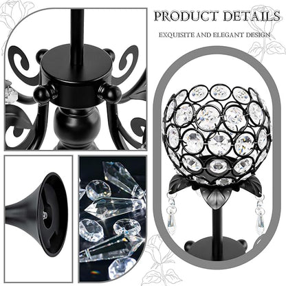 Crystal Tea Light Candle Holders Set - 14" L x 22.5" H Matte Black Metal & Sparkling Accents, Wedding & Party Centerpiece Decor(2, Black)