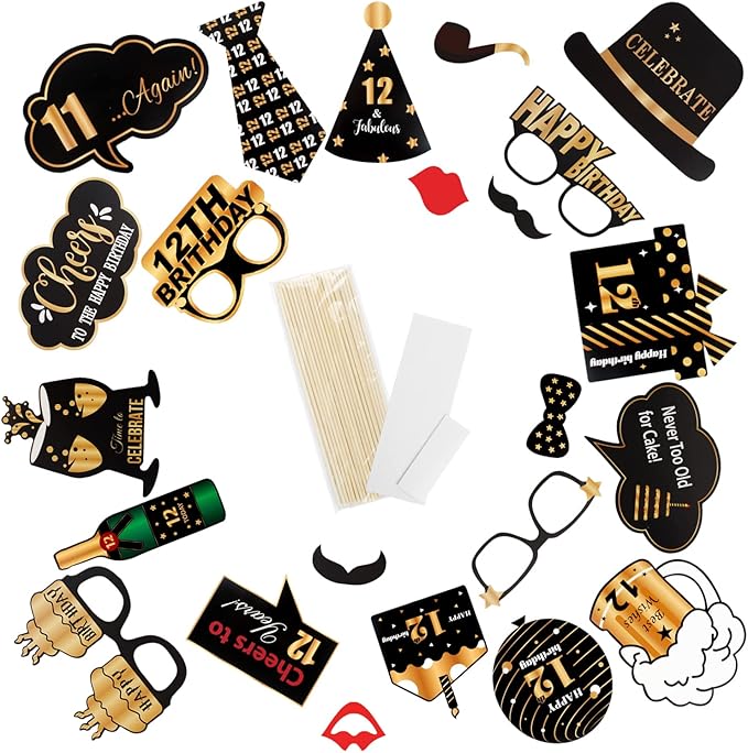 LINGTEER Happy 12th Birthday Party Photo Booth Props,Cheers to 12th Birthday Twelve Years Old Bday Party Centerpieces Props Decorations Sign.