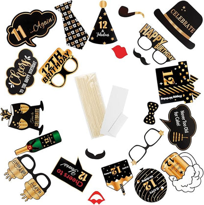 LINGTEER Happy 12th Birthday Party Photo Booth Props,Cheers to 12th Birthday Twelve Years Old Bday Party Centerpieces Props Decorations Sign.